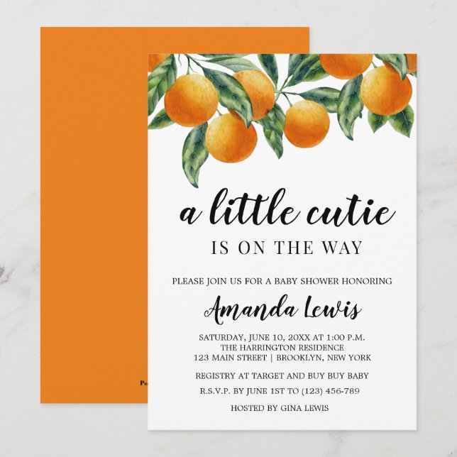 Invitación de Baby Shower con tema naranja (Anverso / Reverso)