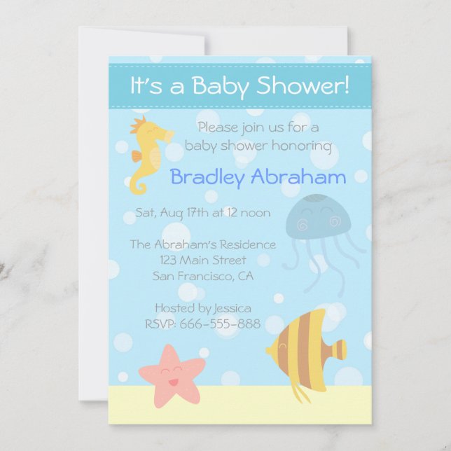 Invitación de Baby Shower con tema Subacuático (Anverso)