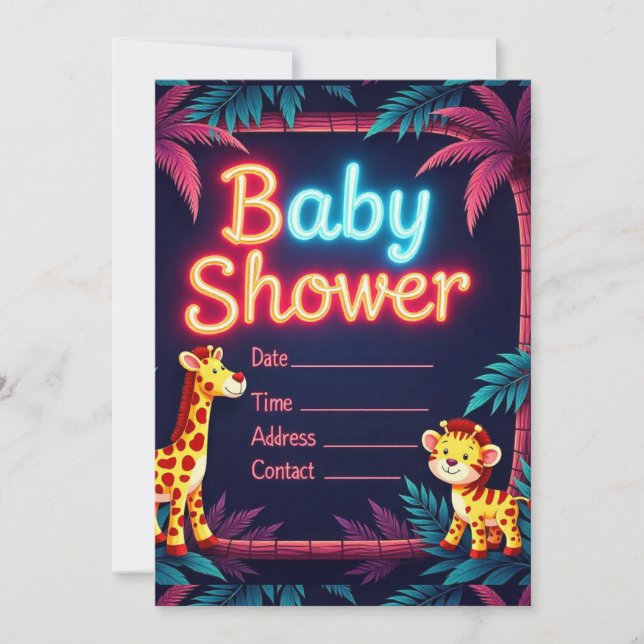 Invitación de Baby Shower con temas de Neon Safari (Anverso)