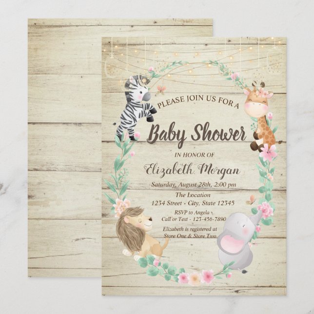 Invitación de baby shower con textura de madera y  (Anverso / Reverso)