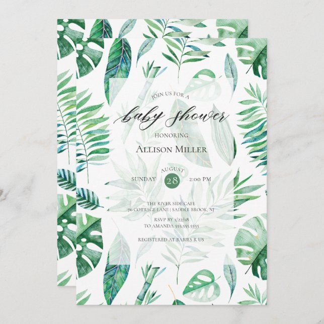Invitación de Baby Shower con vegetación tropical  (Anverso / Reverso)