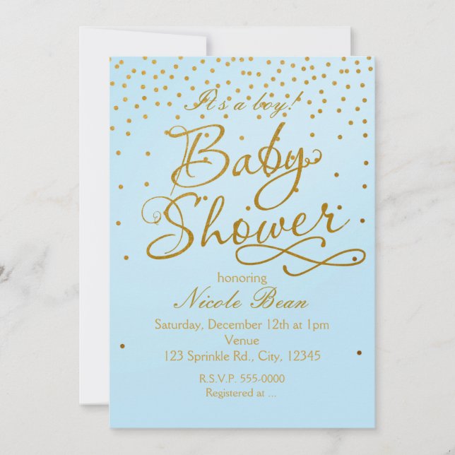 Invitación de Baby Shower Confeti Azul Claro y Dor (Anverso)
