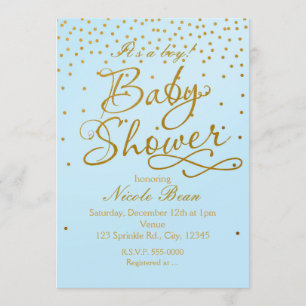 Invitación de Baby Shower Confeti Azul Claro y Dor
