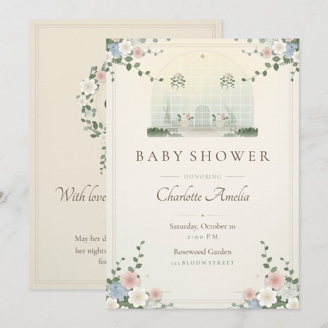 Invitación de Baby Shower Conservatorio Victoriano (Anverso / Reverso)