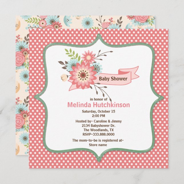 Invitación de Baby Shower coral y verde de bonito (Anverso / Reverso)