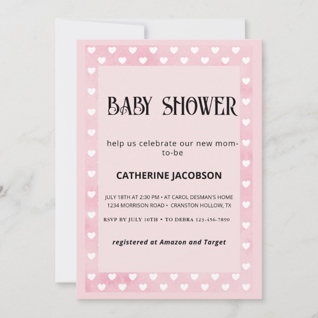 Invitación de baby shower corazones sobre rosa (Anverso)