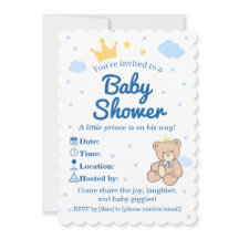 Invitación de Baby Shower Corona Azul y Dorada par