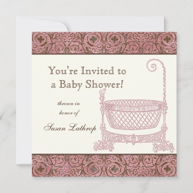 Invitación de Baby Shower - Cuna de Damasco Marrón (Anverso)