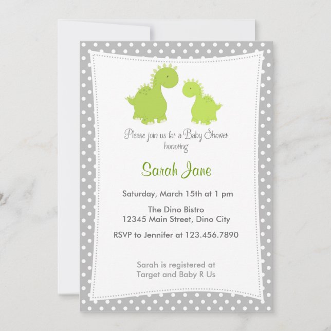 Invitación de Baby Shower Curte Dinosaur Gray Gree (Anverso)