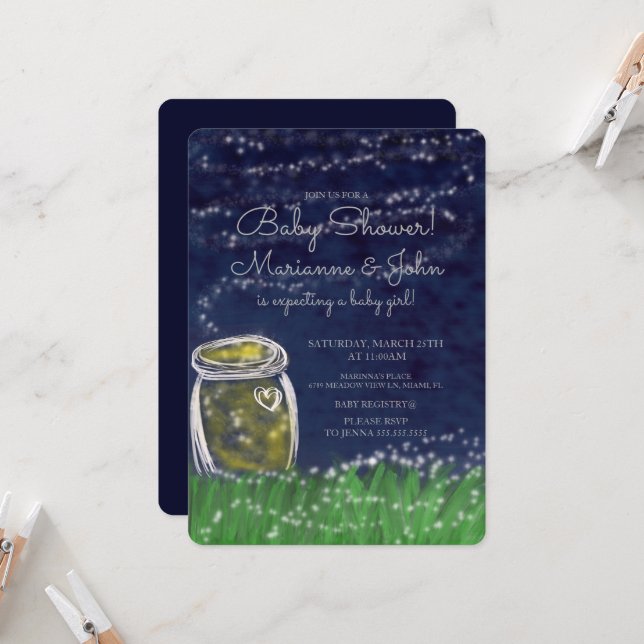 Invitación de Baby Shower Cute Fireflies Scenic Vi (Anverso/Reverso In Situ)