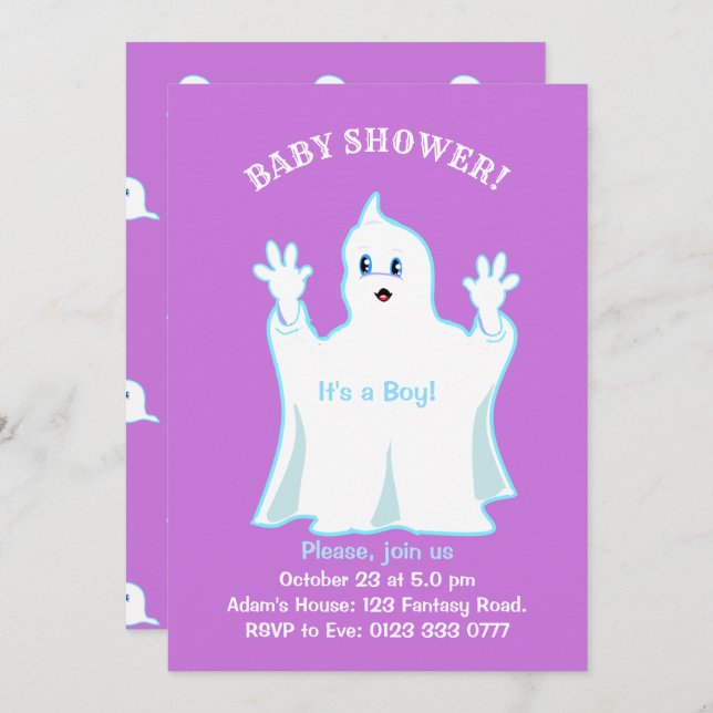 Invitación de Baby Shower Cute Ghost (Anverso / Reverso)