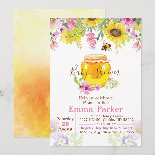 Invitación de Baby Shower de Abeja Bumble Honey (Anverso / Reverso)