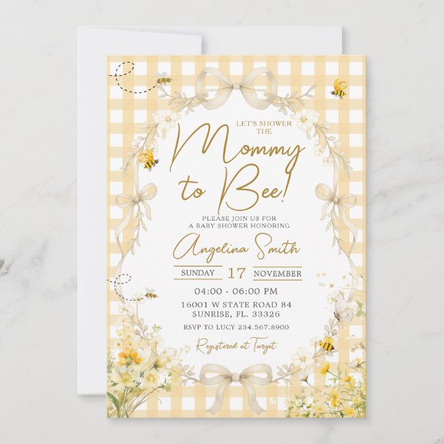 Invitación de baby shower de abeja con gingham ama (Anverso)