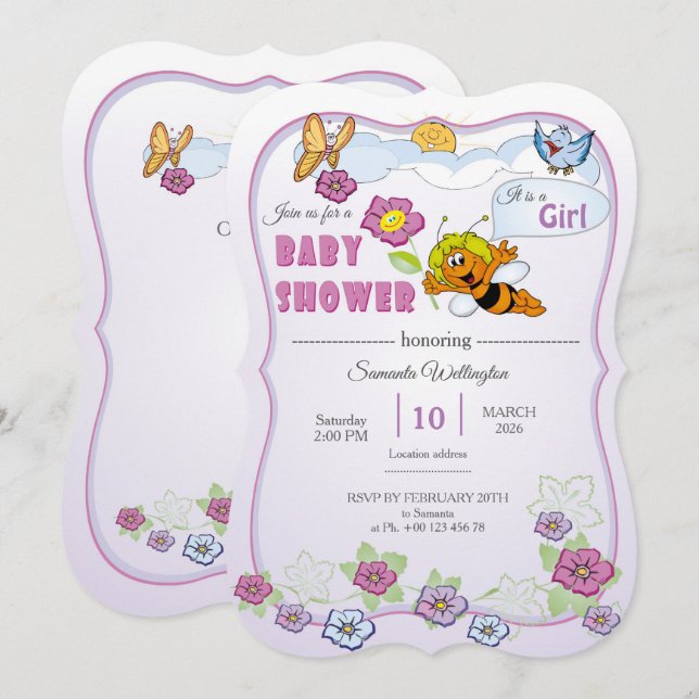 Invitación de Baby Shower de Abeja para Niña  (Anverso / Reverso)
