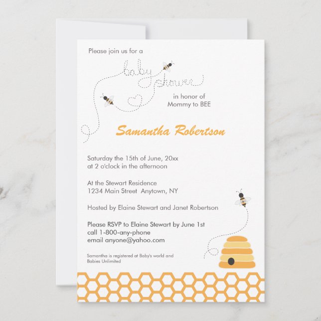 Invitación de Baby Shower de abejas chispeantes (Anverso)