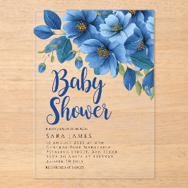 Invitación de baby shower de acrílico floral azul