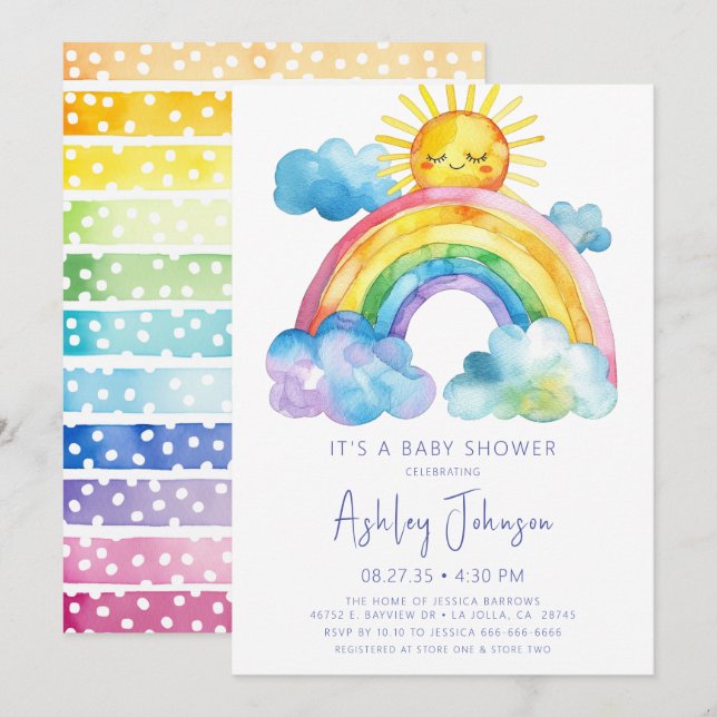 Invitación de Baby Shower de Acuarela Arcoíris (Anverso / Reverso)