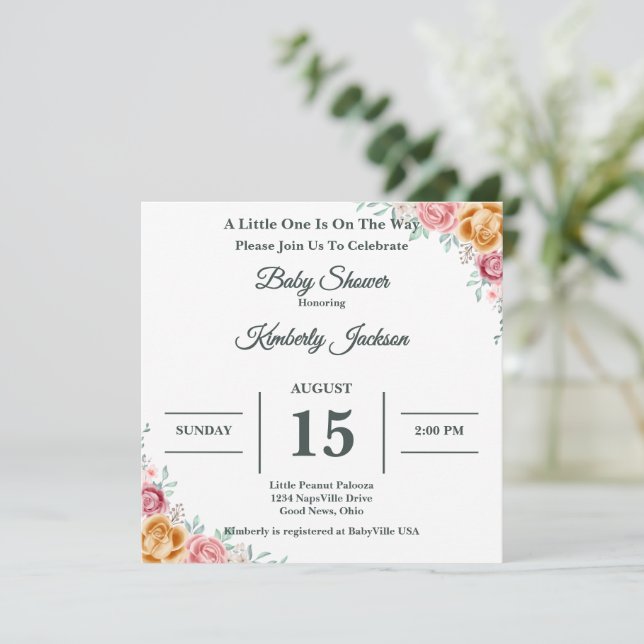 Invitación de baby shower de acuarela de rosa (Anverso de pie)