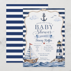 Invitación de baby shower de acuarela náutica.
