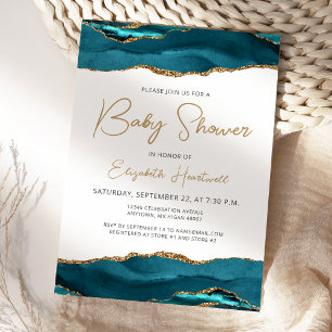 Invitación de Baby Shower de Ágata Azul Teal y Oro