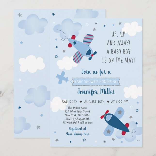 Invitación de Baby Shower de Airplane Stars Clouds (Anverso / Reverso)