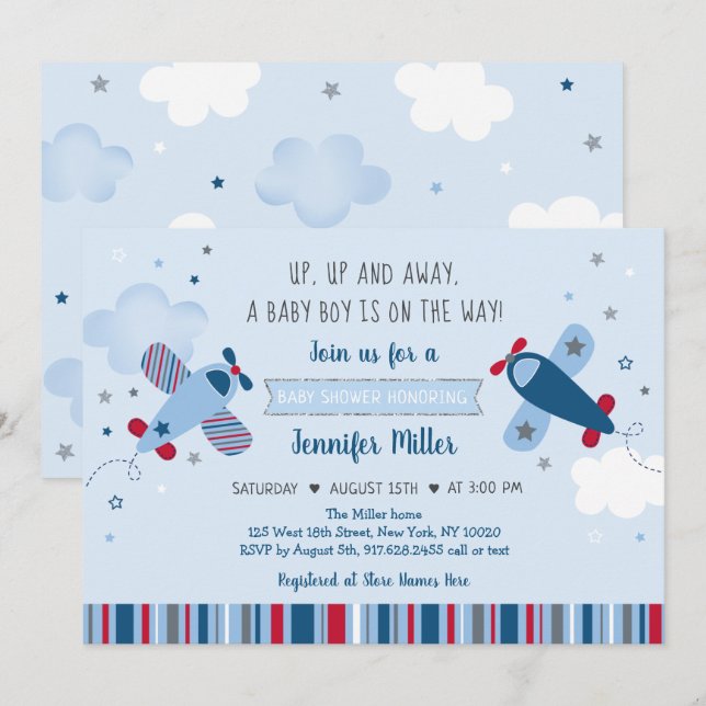 Invitación de Baby Shower de Airplane Stars Clouds (Anverso / Reverso)