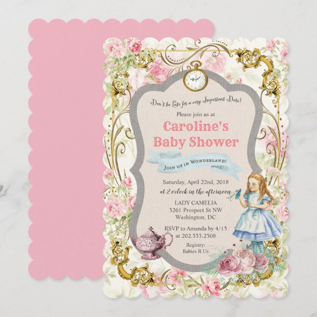 Invitación de Baby Shower de Alice in Wonderland (Anverso / Reverso)