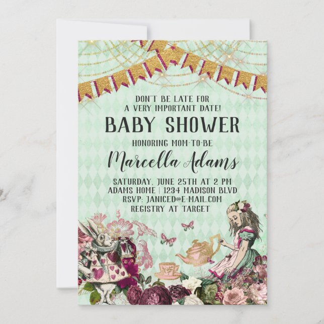 Invitación de Baby Shower de Alice in Wonderland (Anverso)