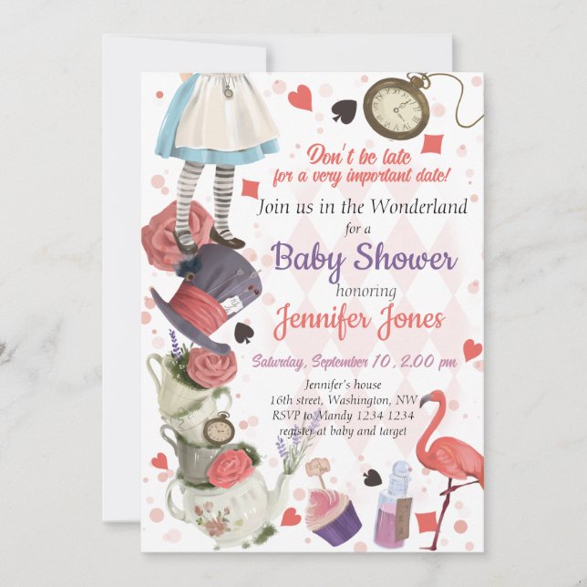 Invitación de Baby Shower de Alice in Wonderland (Anverso)