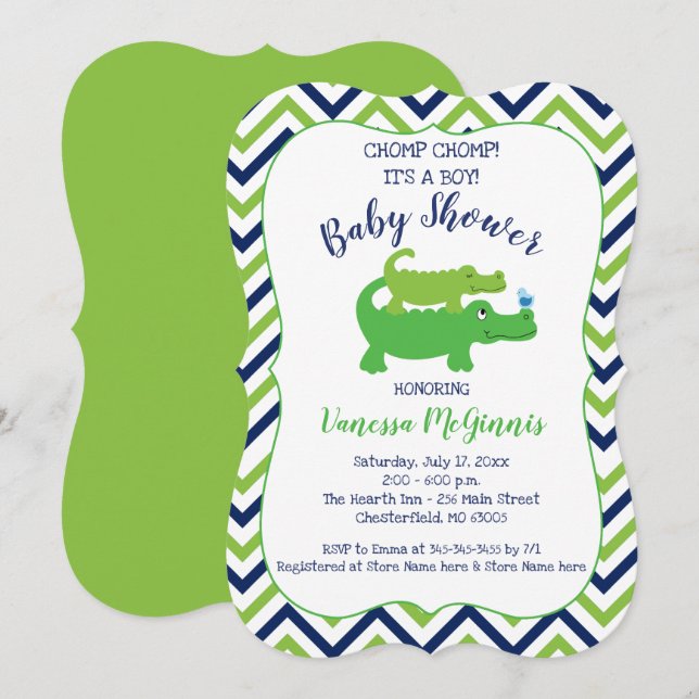 Invitación de Baby Shower de Alligator Green Blue  (Anverso / Reverso)