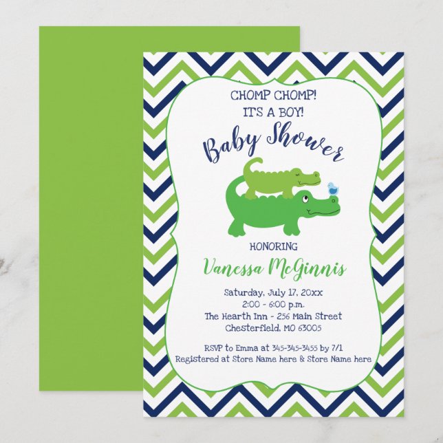 Invitación de Baby Shower de Alligator Green Blue  (Anverso / Reverso)