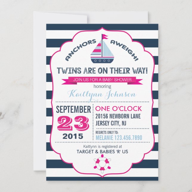 Invitación de Baby Shower de anclaje y banda náuti (Anverso)
