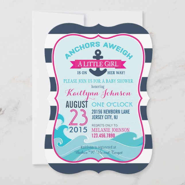 Invitación de Baby Shower de anclaje y banda náuti (Anverso)
