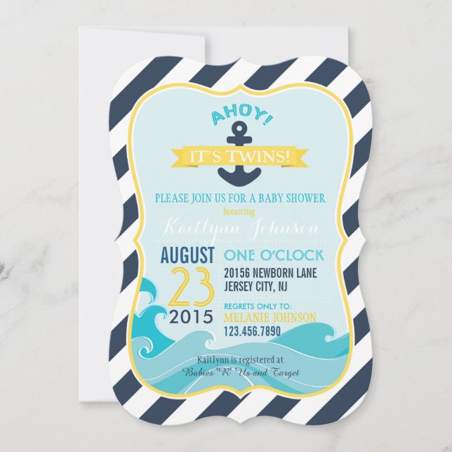 Invitación de Baby Shower de anclaje y banda náuti (Anverso)