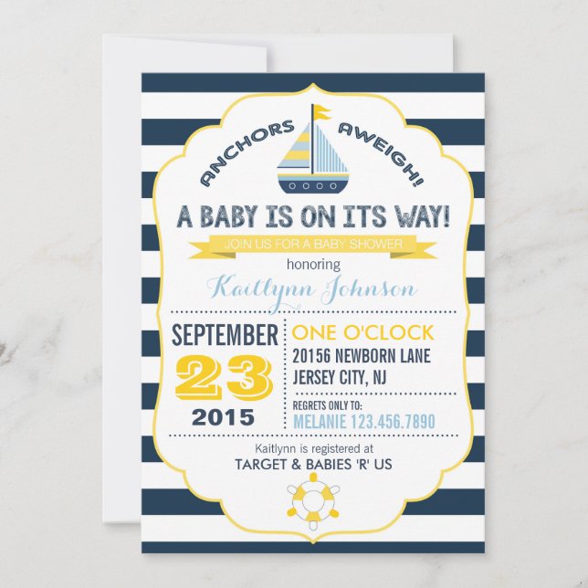 Invitación de Baby Shower de anclaje y banda náuti (Anverso)