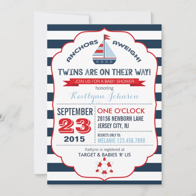 Invitación de Baby Shower de anclaje y banda náuti (Anverso)
