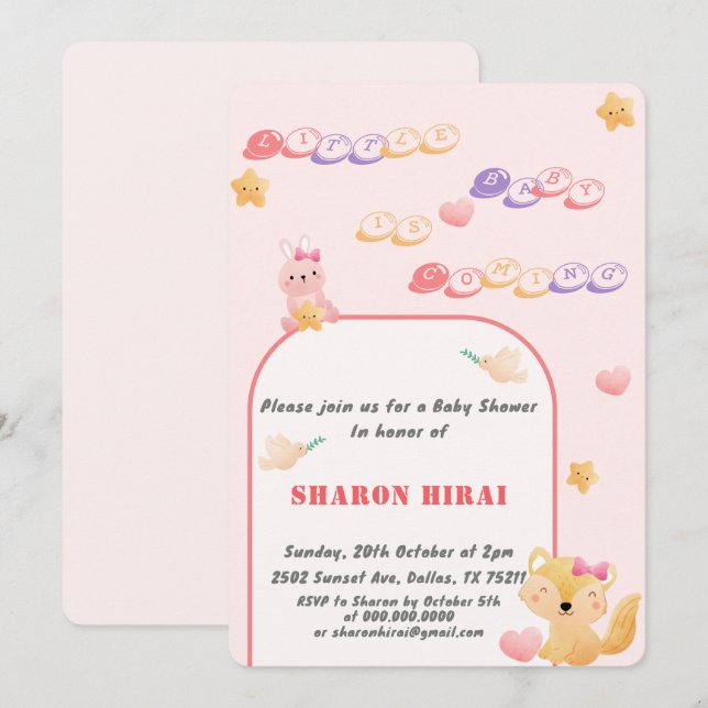 Invitación de Baby Shower de Animales Adorables -  (Anverso / Reverso)