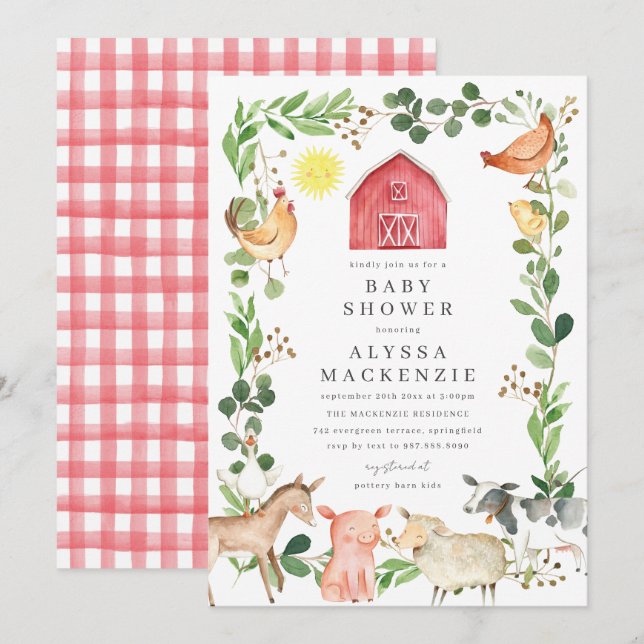 Invitación de Baby Shower de Animales de Granja (Anverso / Reverso)