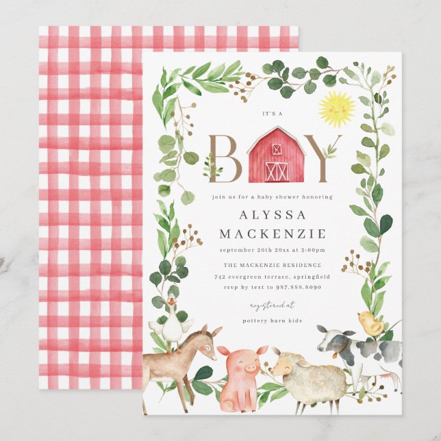 Invitación de Baby Shower de Animales de Granja (Anverso / Reverso)