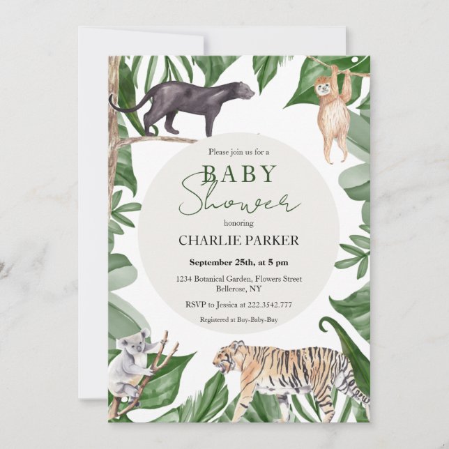 Invitación de Baby Shower de Animales de la Jungla (Anverso)