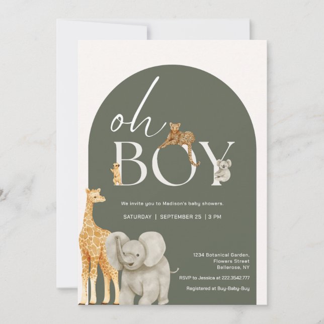 Invitación de Baby Shower de Animales de la Jungla (Anverso)