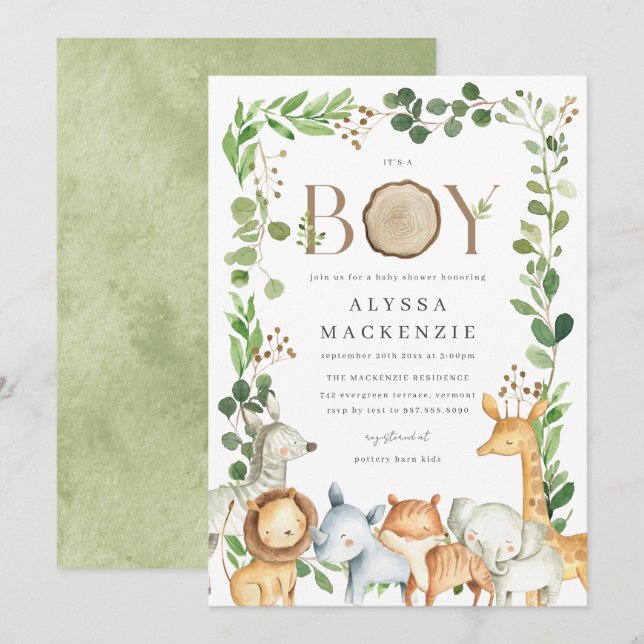 Invitación de Baby Shower de Animales de Safari (Anverso / Reverso)