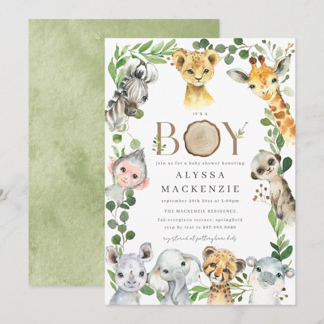 Invitación de Baby Shower de Animales de Safari (Anverso / Reverso)