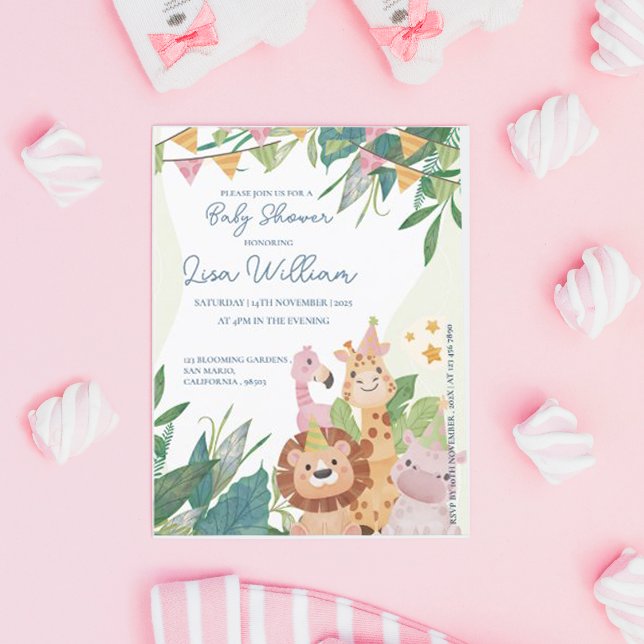 Invitación de Baby Shower de Animales de Safari Li (Cute Safari Animals Leafy Baby Shower Invitation Postcard)
