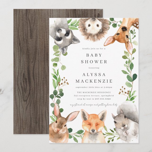 Invitación de Baby Shower de Animales del Bosque (Anverso / Reverso)
