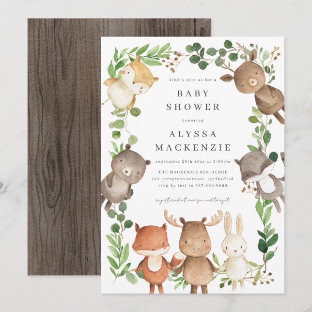 Invitación de Baby Shower de Animales del Bosque (Anverso / Reverso)
