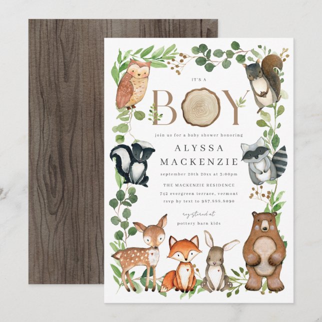 Invitación de Baby Shower de Animales del Bosque (Anverso / Reverso)