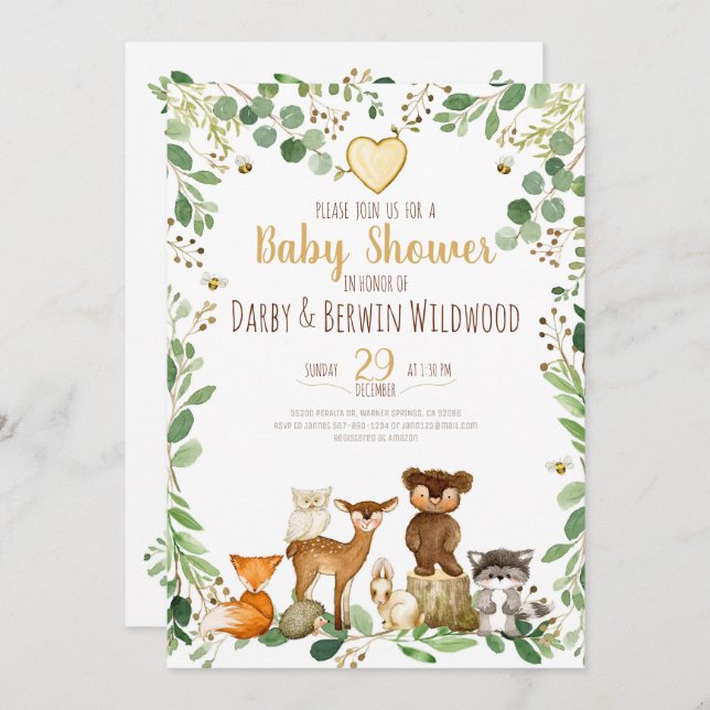 Invitación de Baby Shower de Animales del Bosque (Anverso / Reverso)