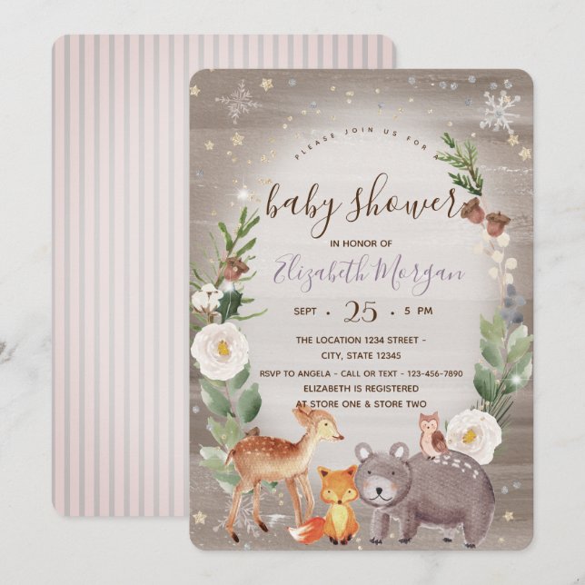 Invitación de Baby Shower de Animales del Bosque a (Anverso / Reverso)
