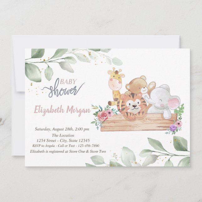 Invitación de baby shower de animales lindos con h (Anverso)